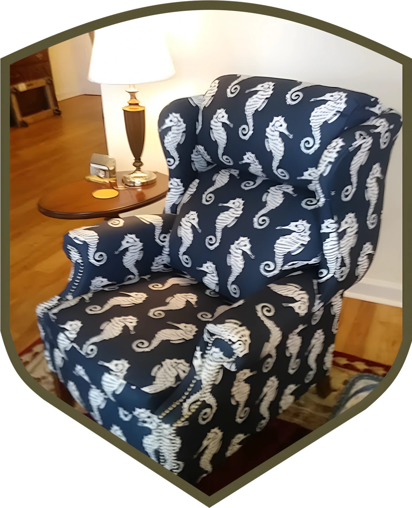 A chair with a seahorse pattern on it.